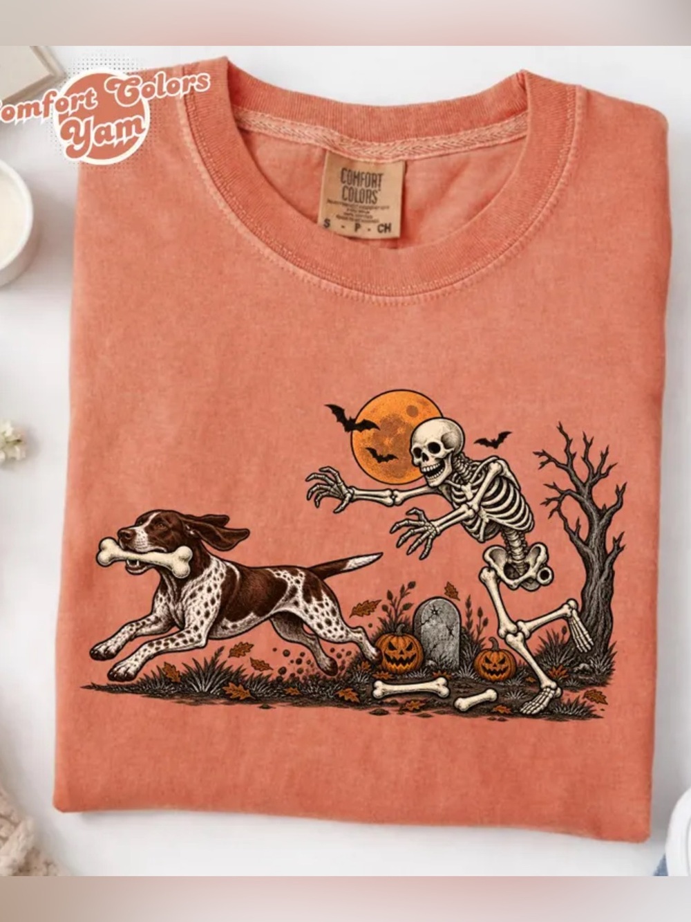 Comfort Colors Washed Orange Halloween Skeleton & Dog Graphic Tee